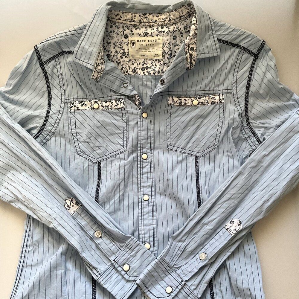 Marc Ecko Cut & Sew Light Blue Striped Western Pearl Snap Shirt Small